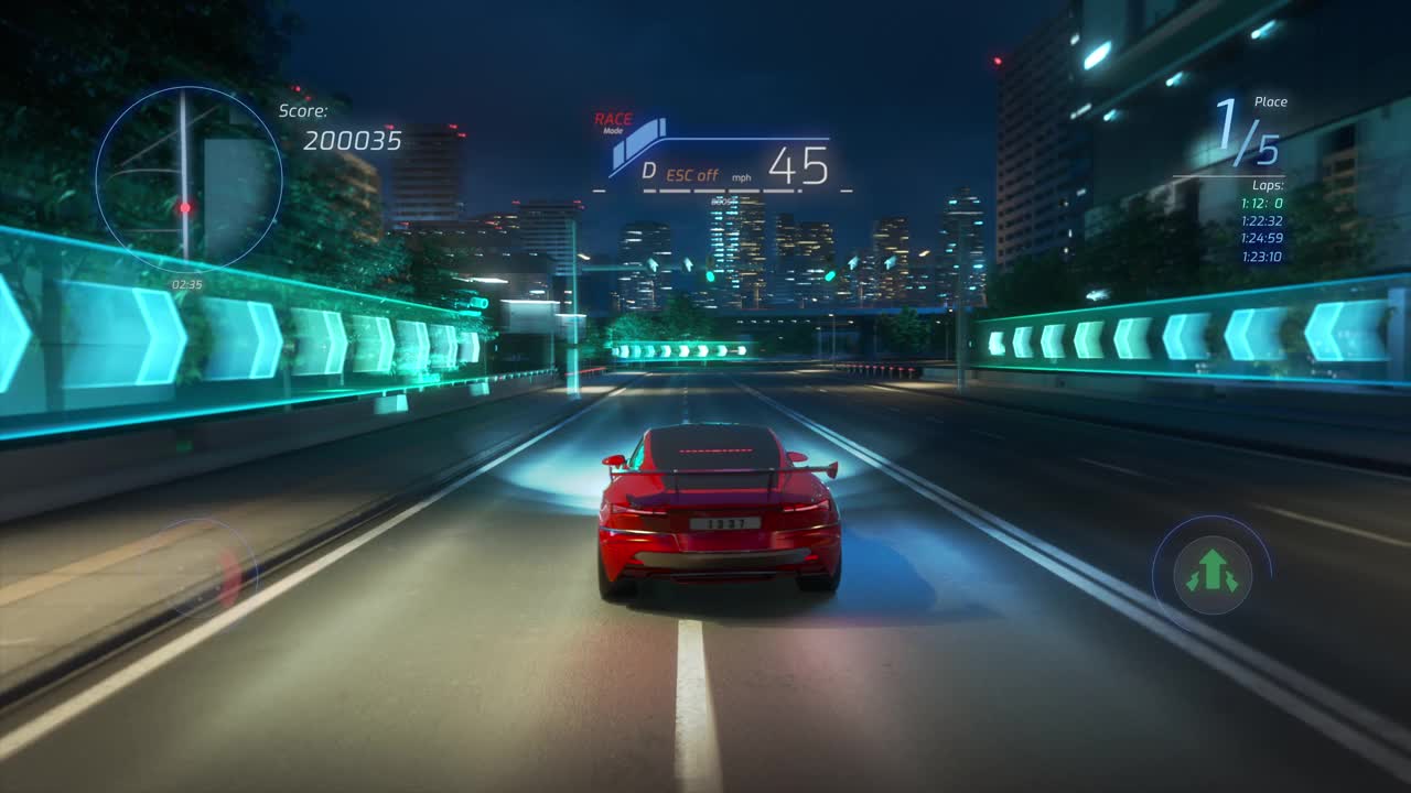 带有界面的赛车模拟器视频游戏的玩法。计算机生成的3D汽车在现代城市的夜间高速公路上快速行驶和漂移。视效动画。第三人称视角。视频素材