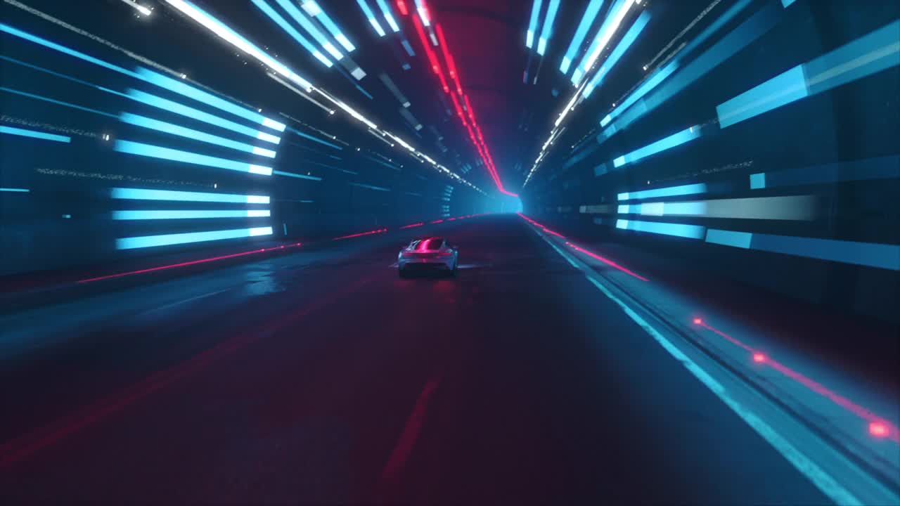 带有界面的赛车模拟器视频游戏的玩法。计算机生成的3D汽车在现代城市隧道的夜间高速公路上快速行驶。视效动画。弧。视频素材