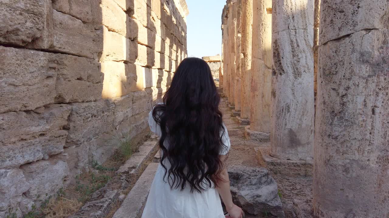 摄影师女孩走在帕穆克卡莱希拉波利斯古遗址的Frontinus门视频下载