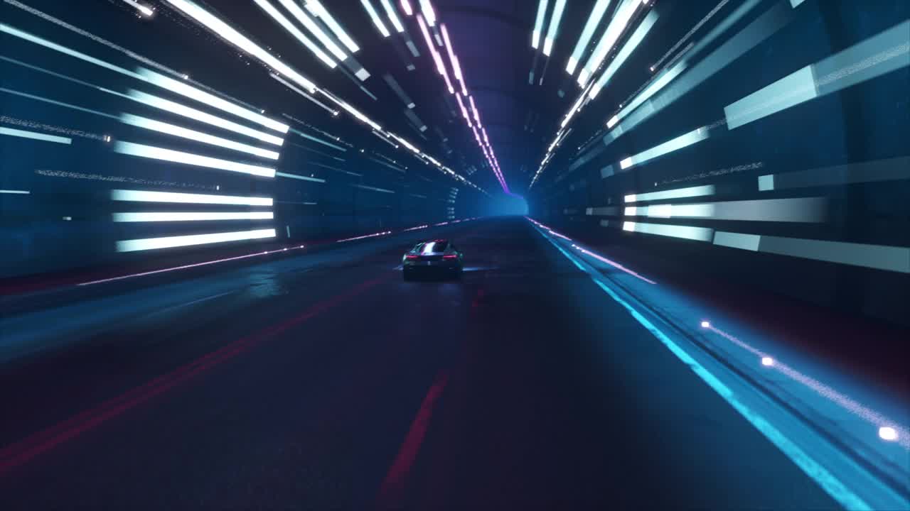 带有界面的赛车模拟器视频游戏的玩法。计算机生成的3D汽车在现代城市隧道的夜间高速公路上快速行驶。视效动画。弧。视频素材
