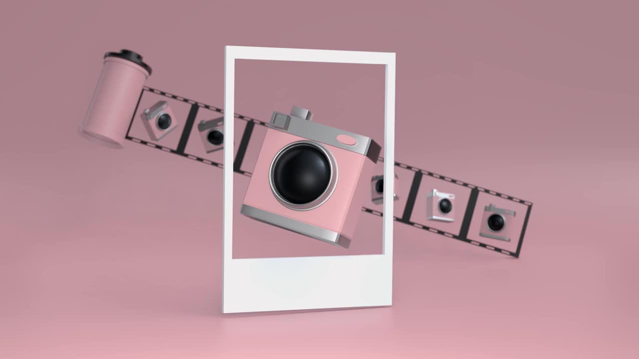 3d渲染视频模拟粉红相机在运动与照片，旅行和摄影概念视频下载