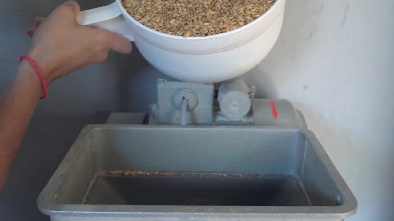 大麦掉进磨坊去生产自制啤酒-慢动作视频下载