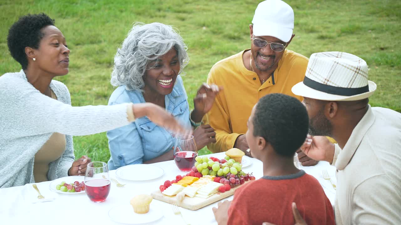 几代非裔美国家庭在野餐桌上视频下载