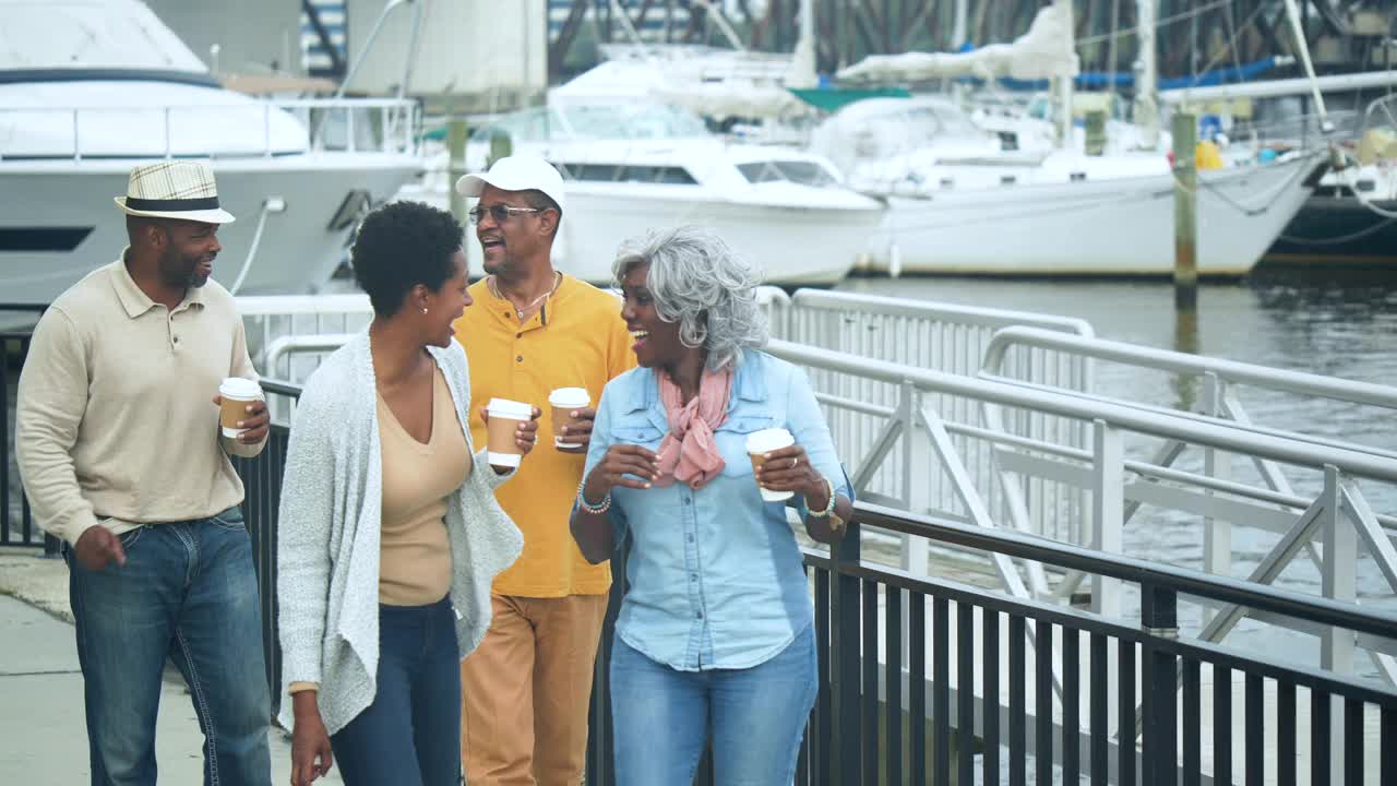 非裔美国家庭在码头边聊天视频素材