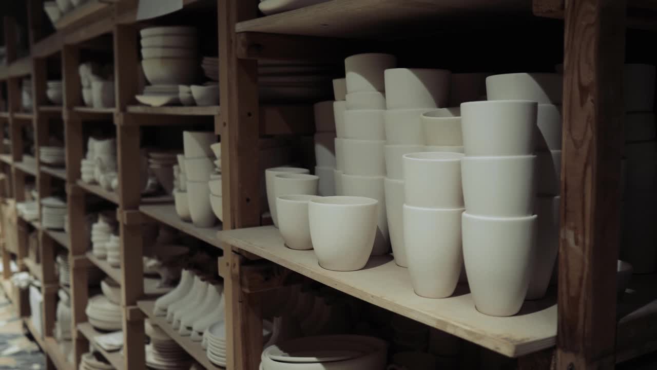 白色的陶瓷杯子在生产车间的货架上视频素材
