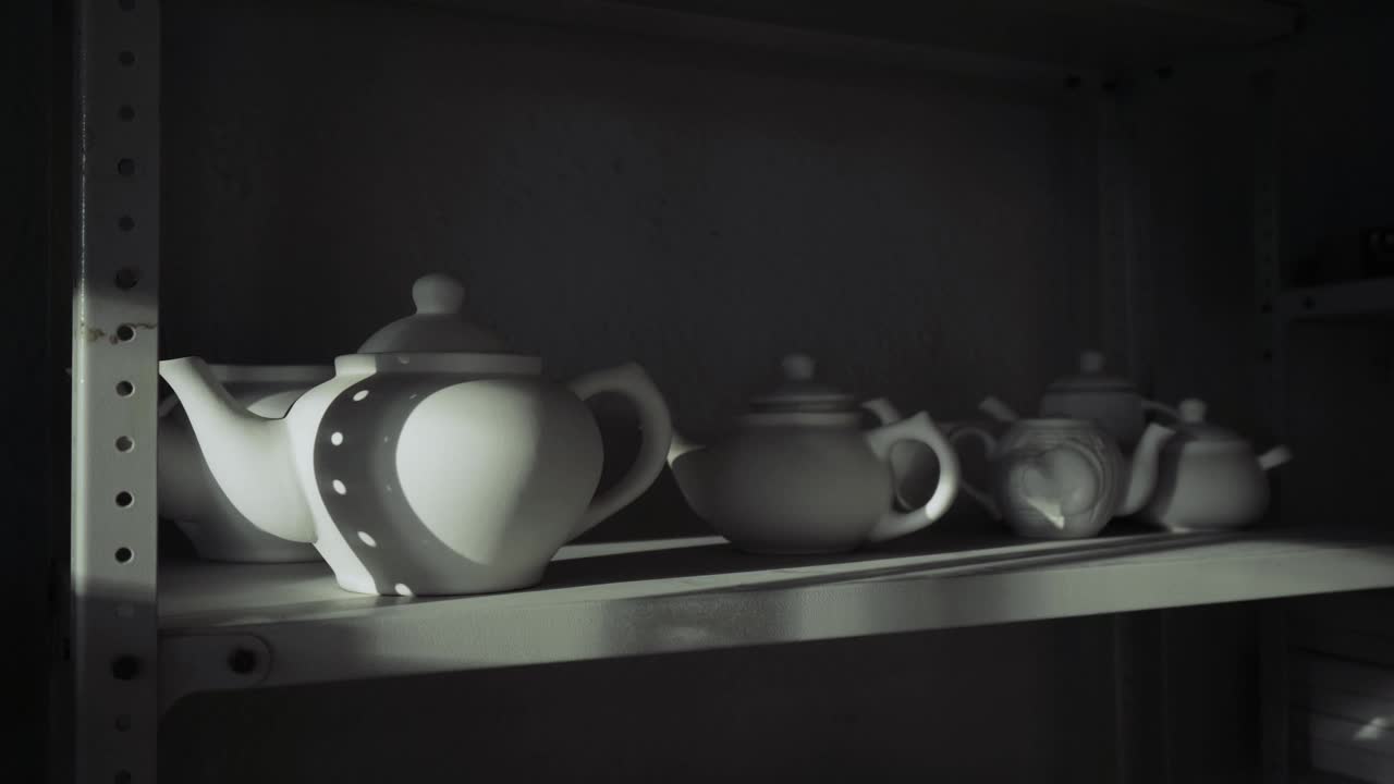 白色的陶瓷茶壶在生产车间的架子上视频素材