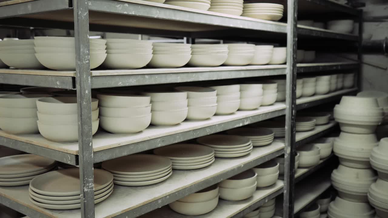 生产车间的货架上有白色的陶瓷盘子视频素材