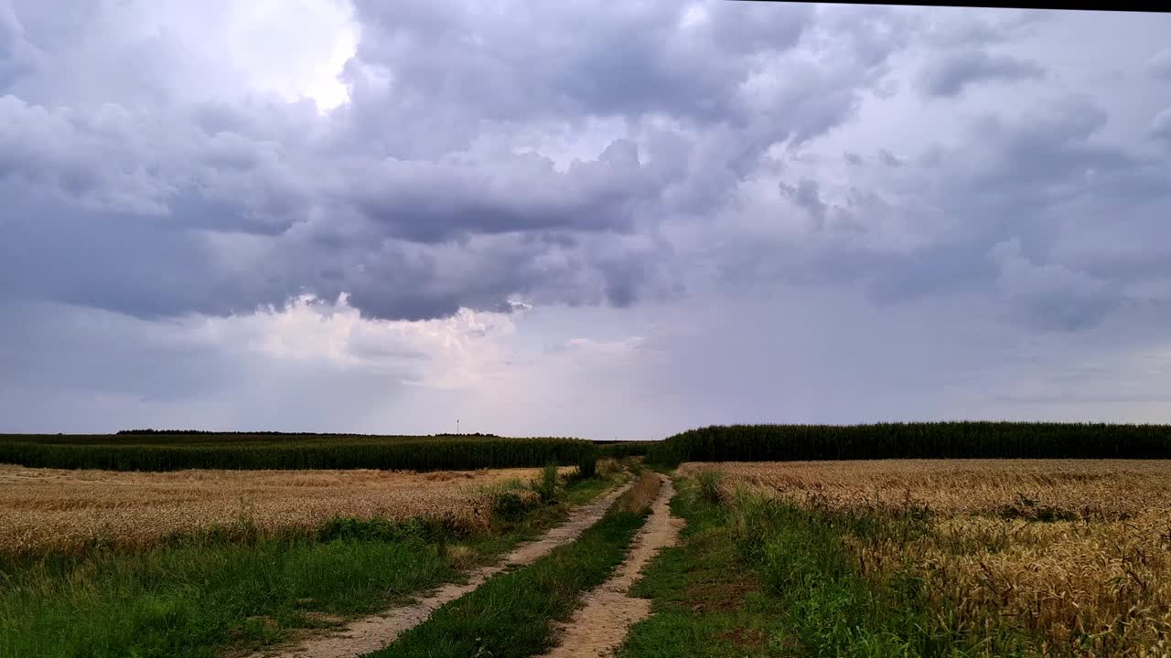 天空乌云密布。道路和农田。农村的场景视频素材
