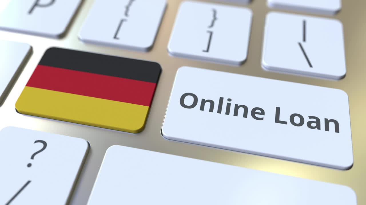 在线贷款文本和旗帜的键盘上的德国。现代信贷相关概念3D动画视频下载