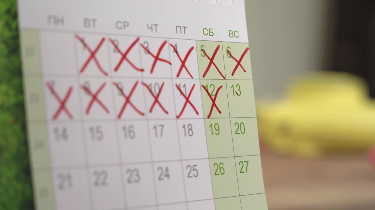 黑色尖毡笔在狗爪划掉日期的星期日在日历的月与划掉日期的几个星期的特写视频下载