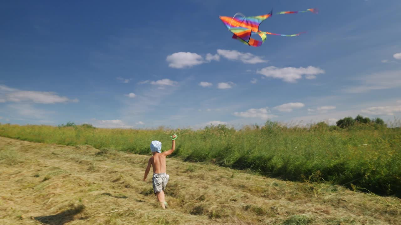 小男孩在玩五颜六色的风筝视频下载