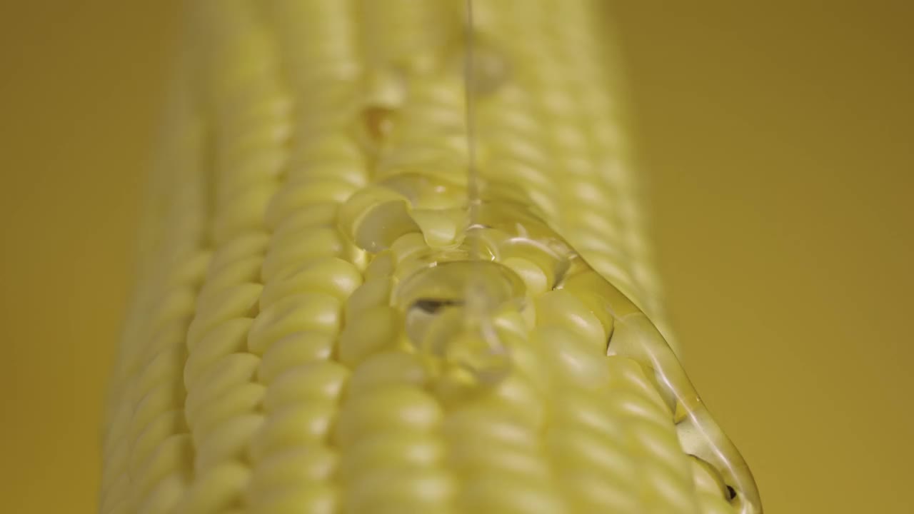 粘稠的蜂蜜或油涓涓细流流到成熟的黄色玉米粒上。金黄色的新鲜玉米穗轴上裹着香甜的花蜜。玉米种子的纹理。关闭了。慢镜头准备好了，4K, 59.94帧视频下载