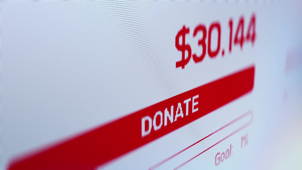 捐赠按钮在网站上，计数器与总捐赠金额上升，慈善视频素材