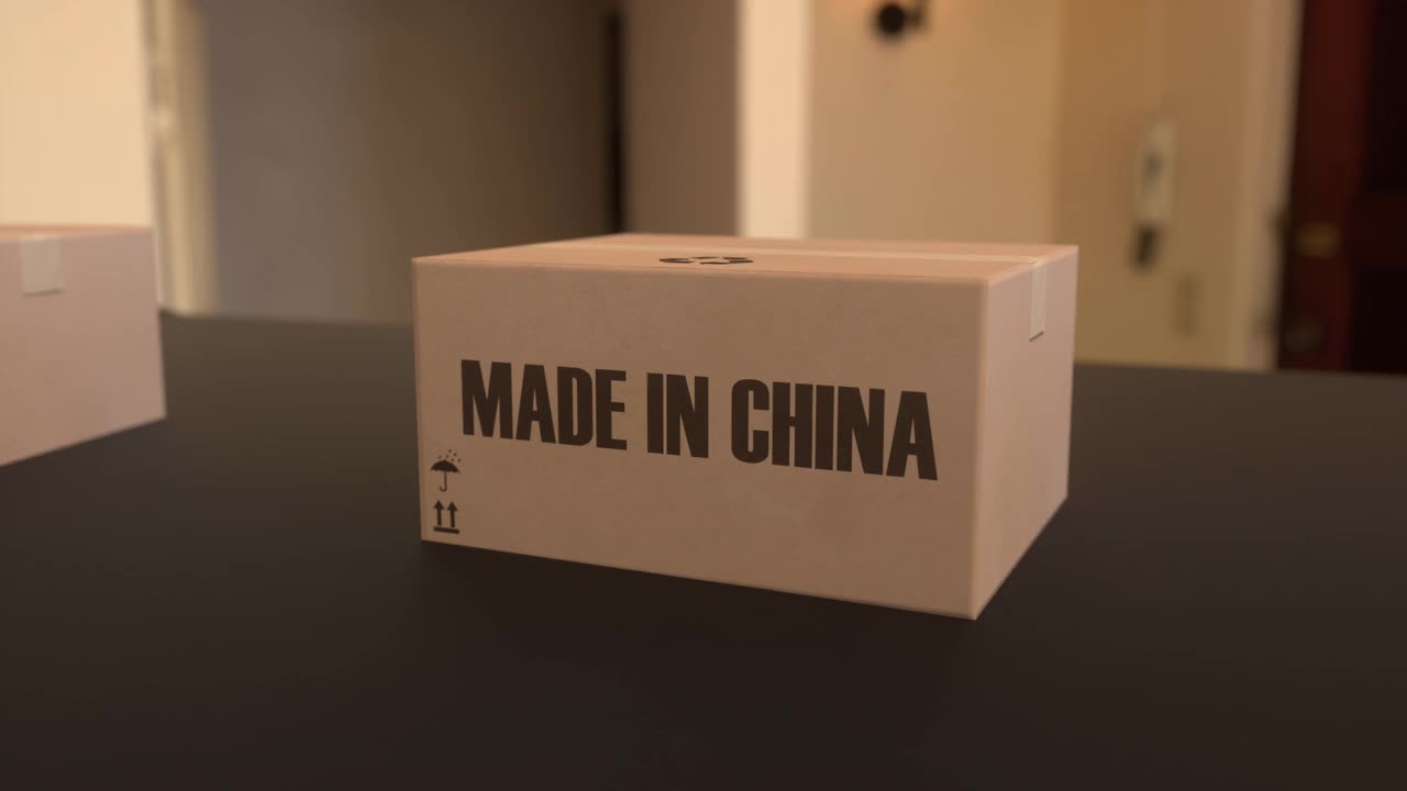 传送带上印有“中国制造”字样的盒子。与中国商品相关的可循环3D动画视频下载