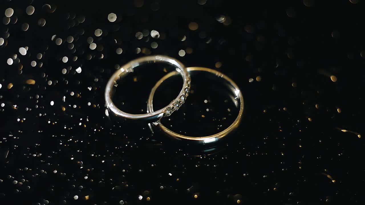 漂亮的结婚戒指被放在一张黑色的桌子上，上面滴满了水。珠宝表面的美丽亮点视频素材