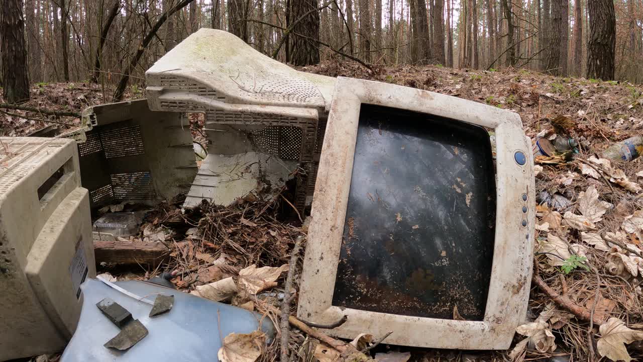 森林里一个垃圾场里的旧电脑视频素材