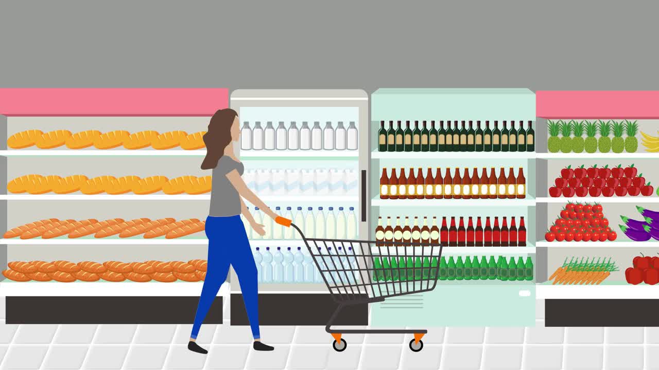 女人走在超市区，卡通动画背景视频素材