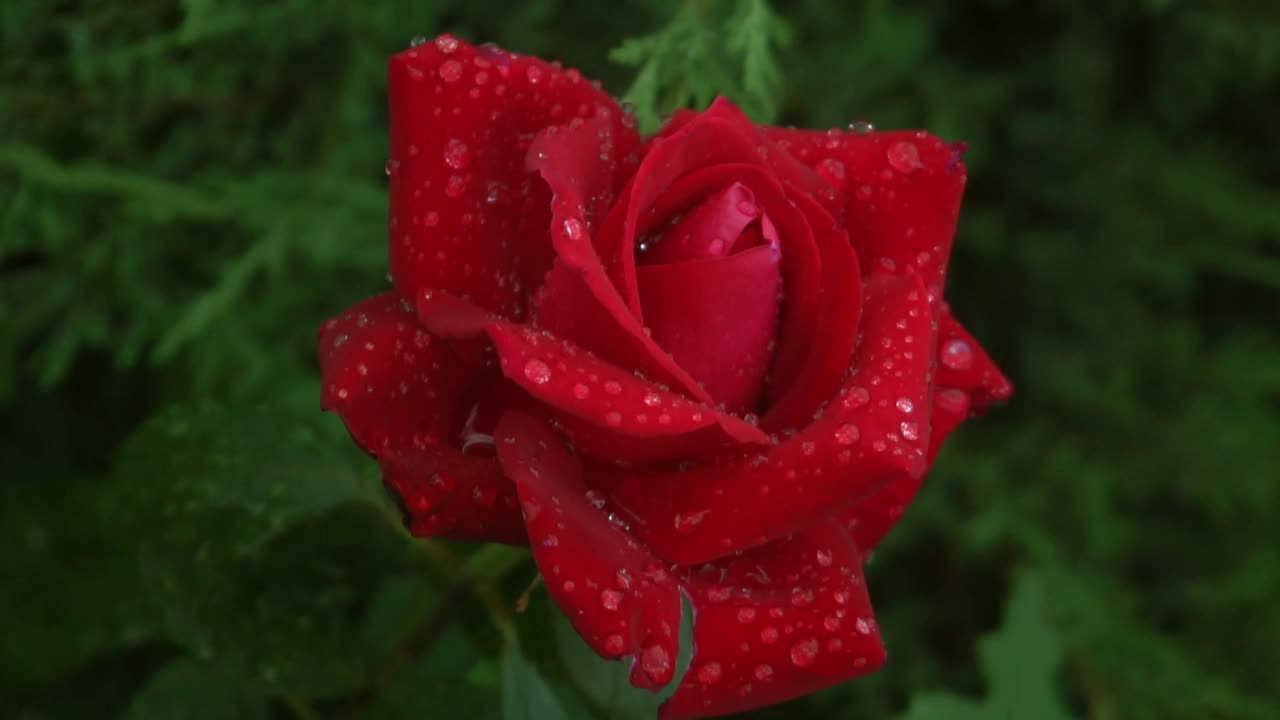 红玫瑰与雨滴旋转绿叶照片视频素材