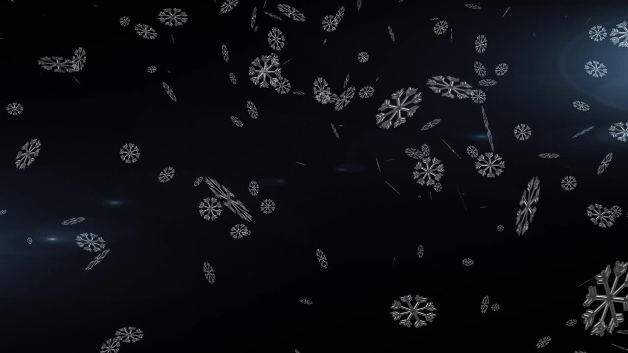 白色圣诞老人雪橇和驯鹿的动画，黑色背景上飘落的雪花视频下载