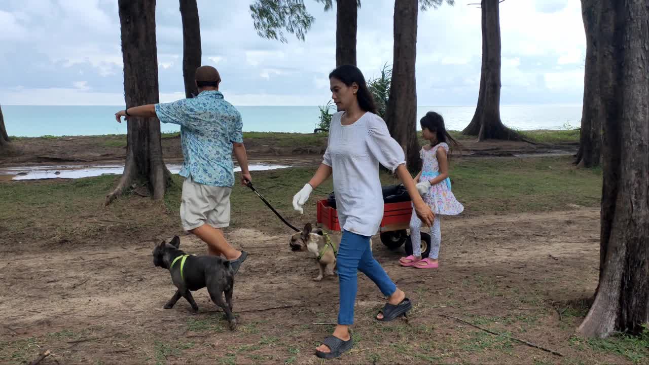 亚洲家庭在海边公园收集垃圾。视频素材