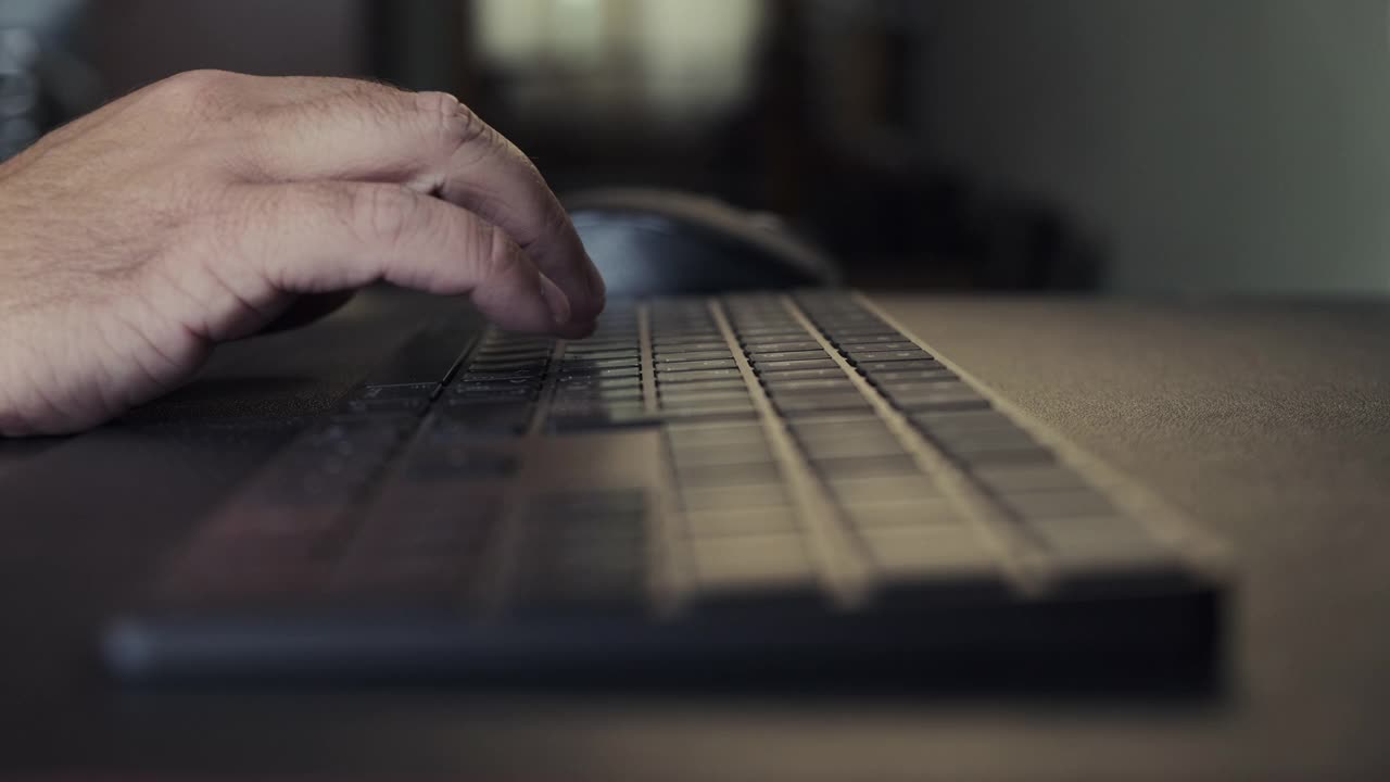 男性的双手，男性专业用户工作者使用键盘打字视频素材