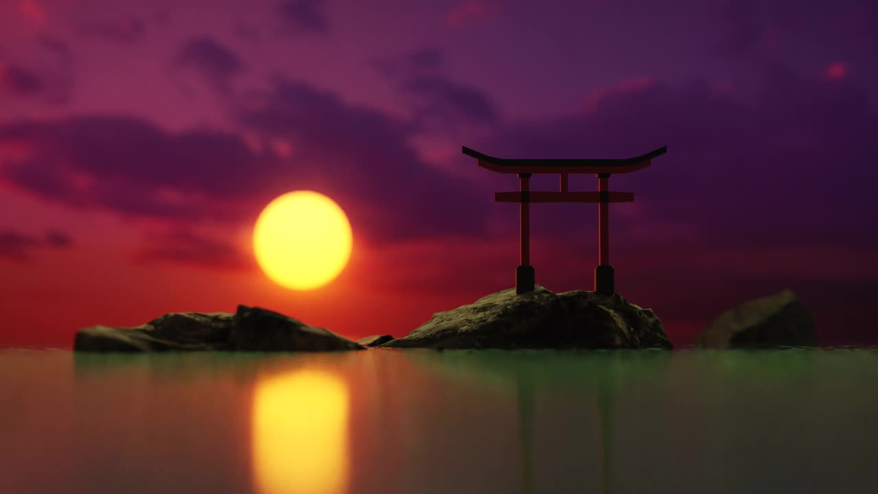 夕阳西下，传统的日本牌楼鸟居屹立在露出水面的岩石小岛上视频下载