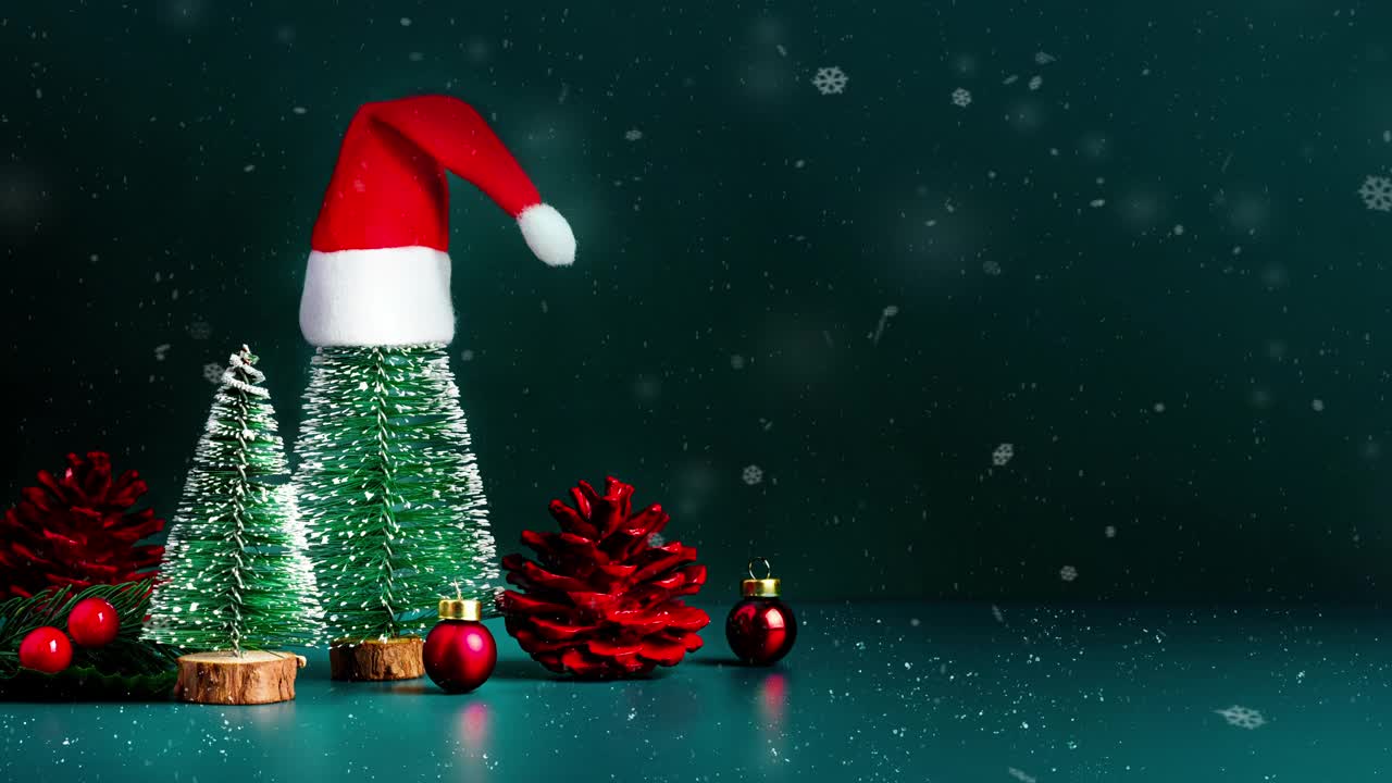 圣诞快乐，新年快乐的雪花飘落与圣诞树和红色的圣诞老人帽子在深绿色的背景。节日庆祝贺卡视频素材
