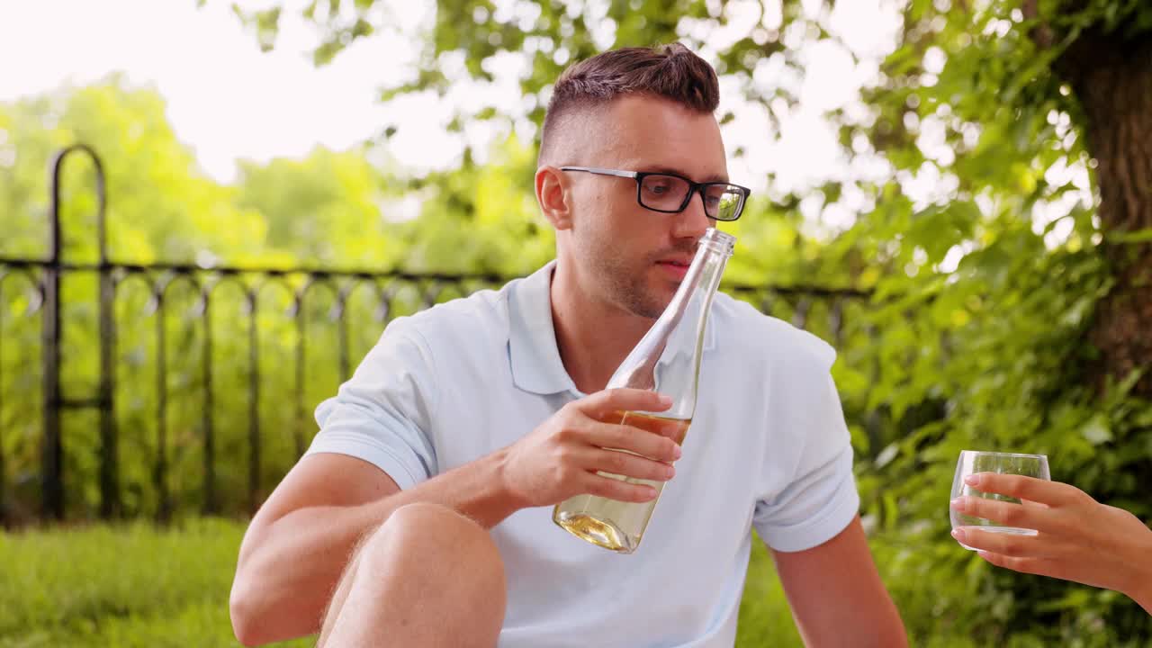 幸福的情侣在公园野餐时喝酒视频下载