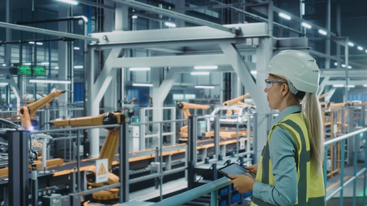 汽车工厂:女性汽车工程师使用增强现实平板电脑。数字化扫描、监控设备生产。电动汽车自动化机械臂装配线视频素材