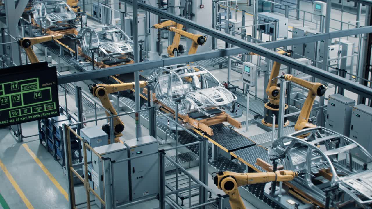 汽车工厂3D概念:自动化机器人手臂装配线制造高科技绿色能源电动汽车。建筑，建筑，焊接工业生产输送机。高架广角镜头视频素材