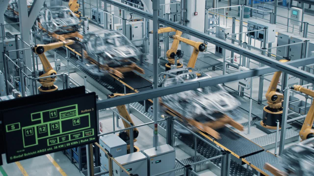 汽车工厂3D概念:自动化机器人手臂装配线制造高科技绿色能源电动汽车。建筑，建筑，焊接工业生产输送机。快速的广角镜头视频素材