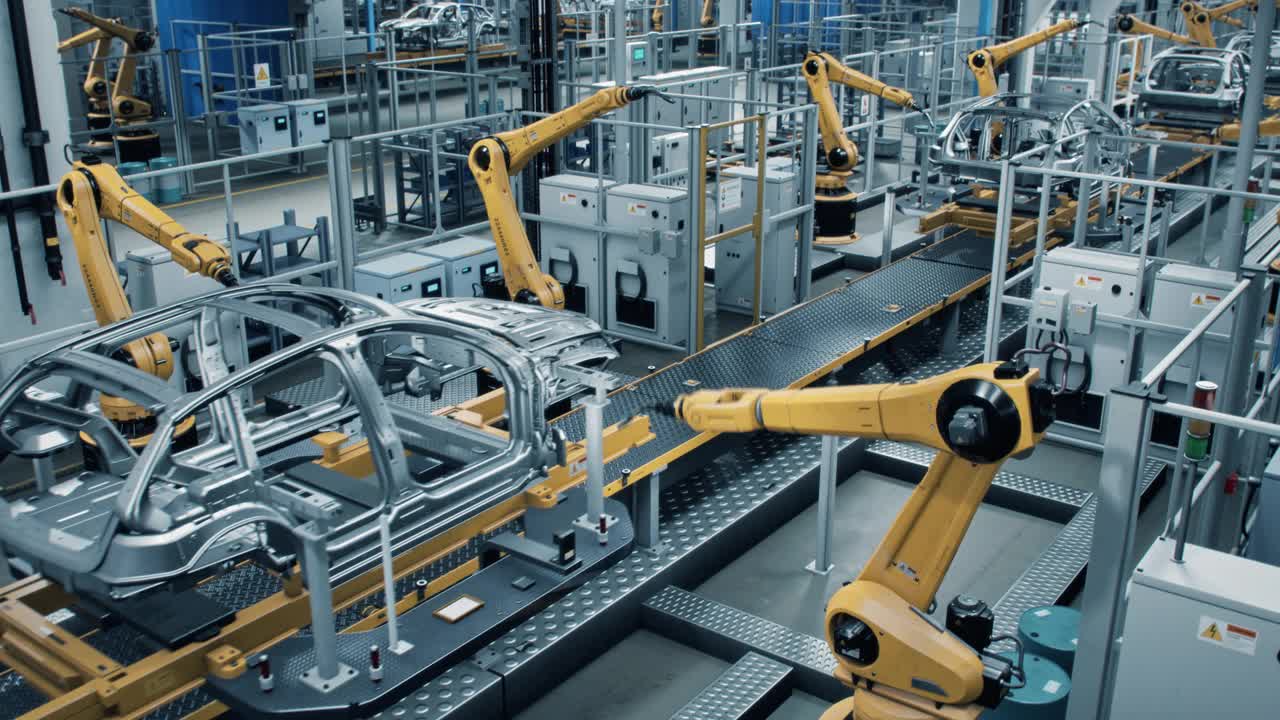 汽车工厂3D概念:自动化机器人手臂装配线制造高科技绿色能源电动汽车。建筑，建筑，焊接工业生产输送机。高架广角镜头视频素材