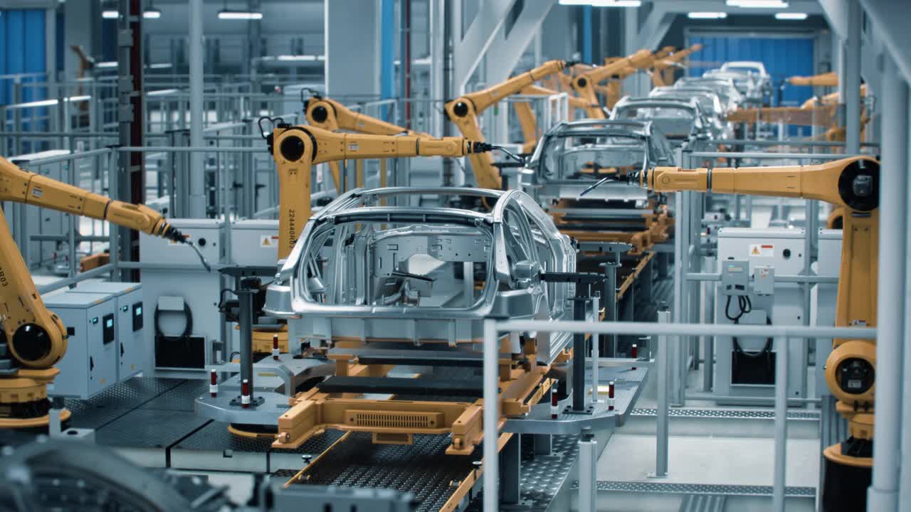汽车工厂3D概念:自动化机器人手臂装配线制造高科技绿色能源电动汽车。自动化施工，建筑，焊接工业生产输送机。后视图视频素材
