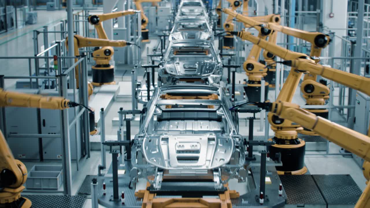 汽车工厂3D概念:自动化机器人手臂装配线制造高科技绿色能源电动汽车。自动化施工，焊接工业生产输送机。前视图延时视频下载