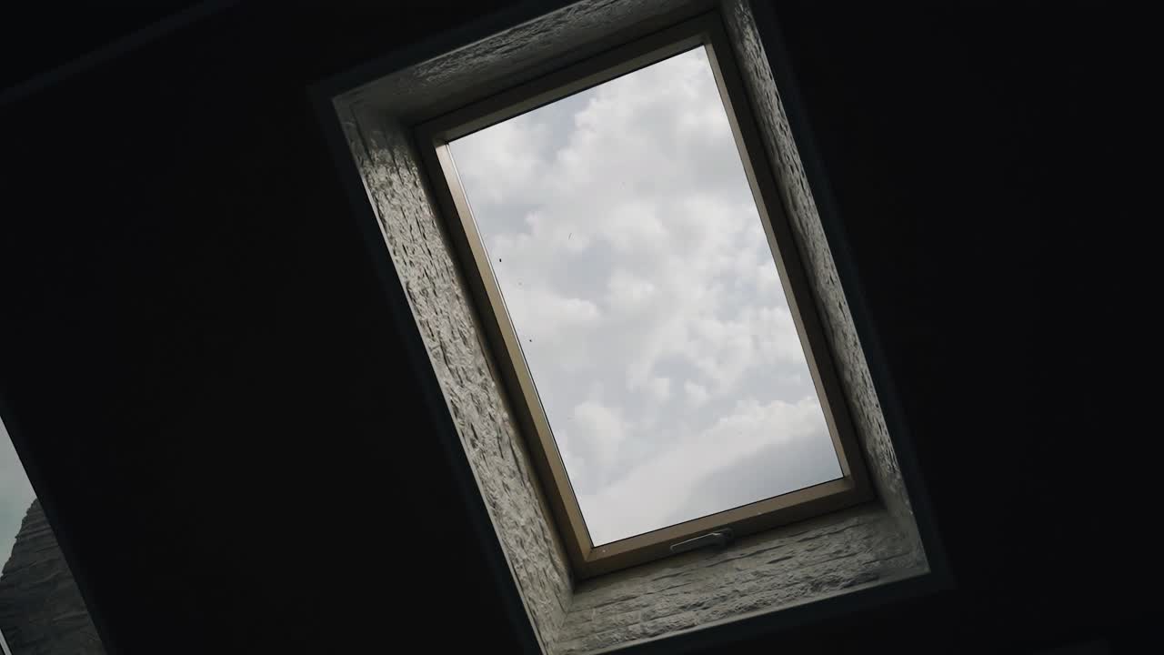 在窗外的天花板上，你可以看到多云的天空。自下而上的很酷的计划视频下载