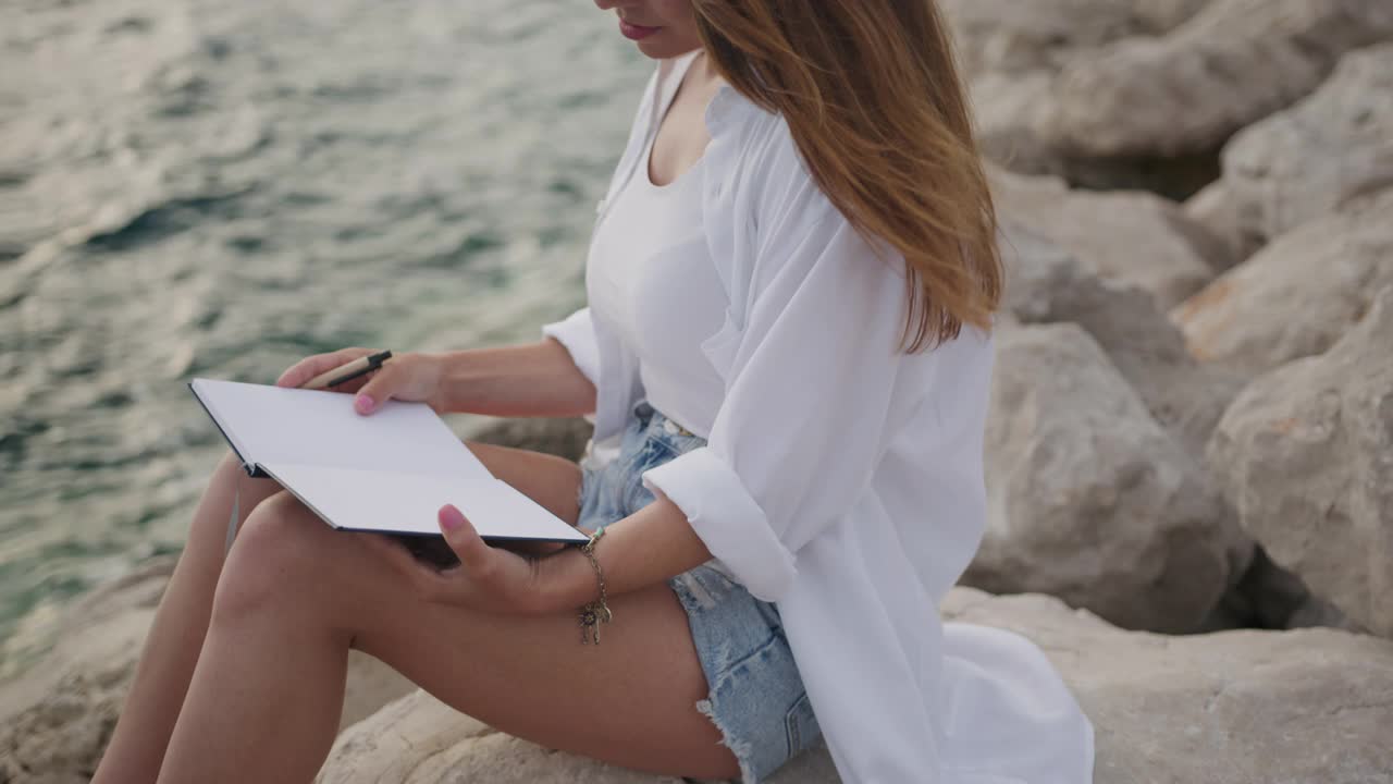 深思熟虑的年轻女子在海滩上阅读笔记本视频素材