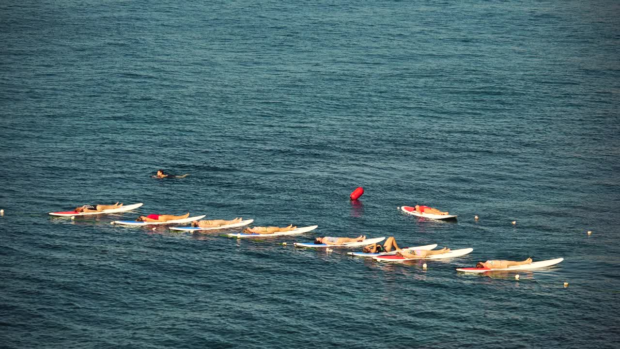 清晨，一群身着泳装的年轻女子在平静的海面上做瑜伽。平衡姿势-健康生活和身心发展之间的自然平衡的概念视频下载