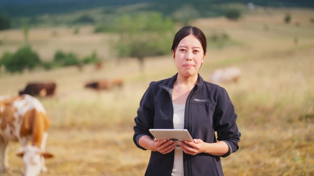 一位女农民正在用电子平板电脑检查牛群视频素材