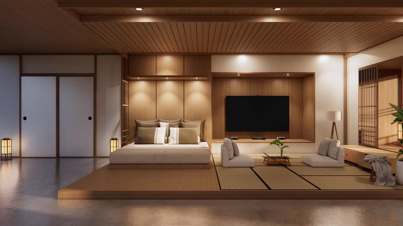 家庭内墙模拟与木床在卧室最小的设计。3 d渲染。视频下载
