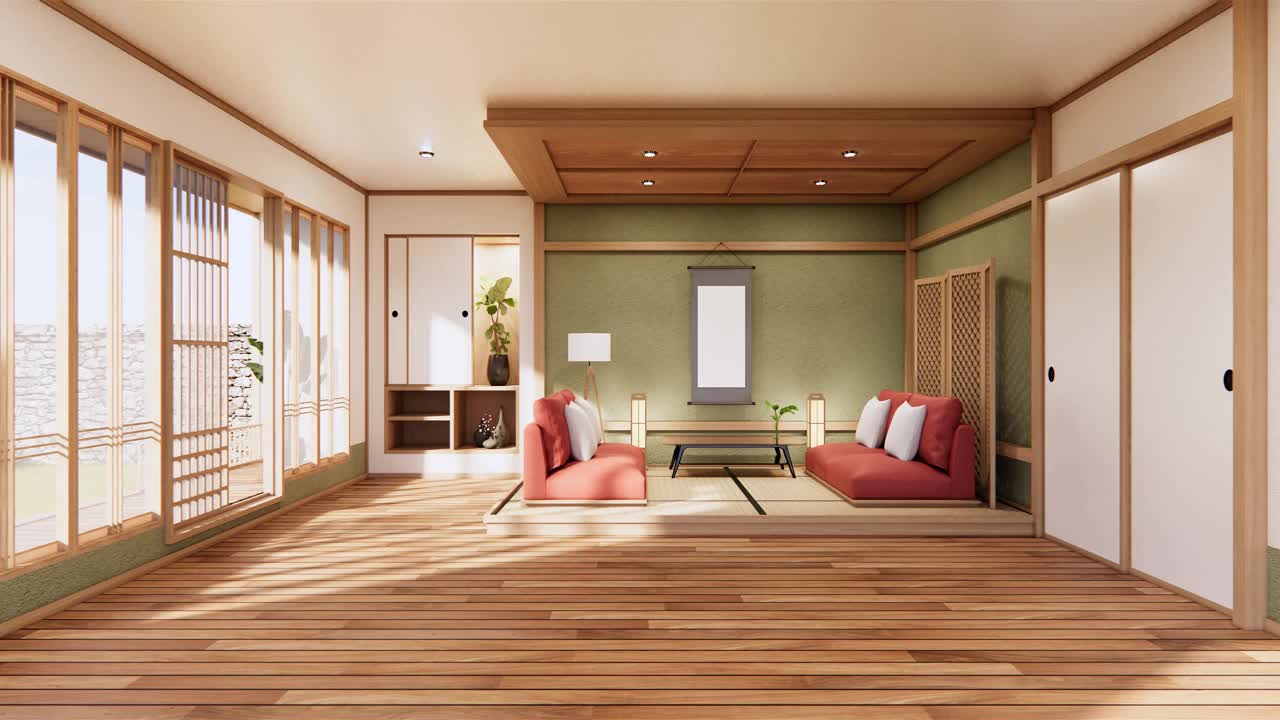 带有极简风格沙发的客厅白色热带风格木地板。三维渲染视频下载