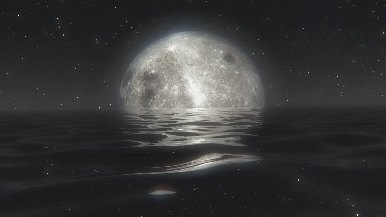 平静的海面上出现了超现实的满月视频素材