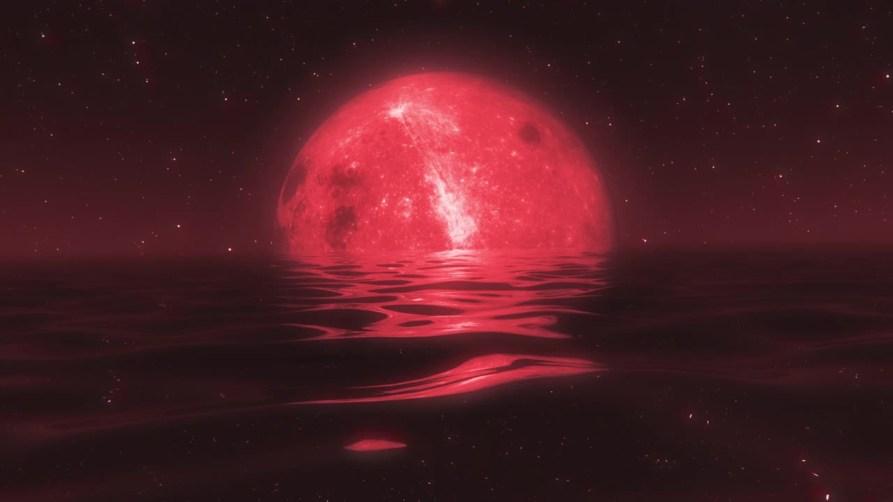 平静的海面上出现了超现实的满月。红灯视频素材