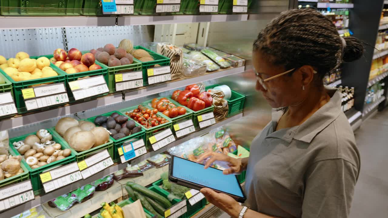 在超市清点蔬菜的女职员视频下载