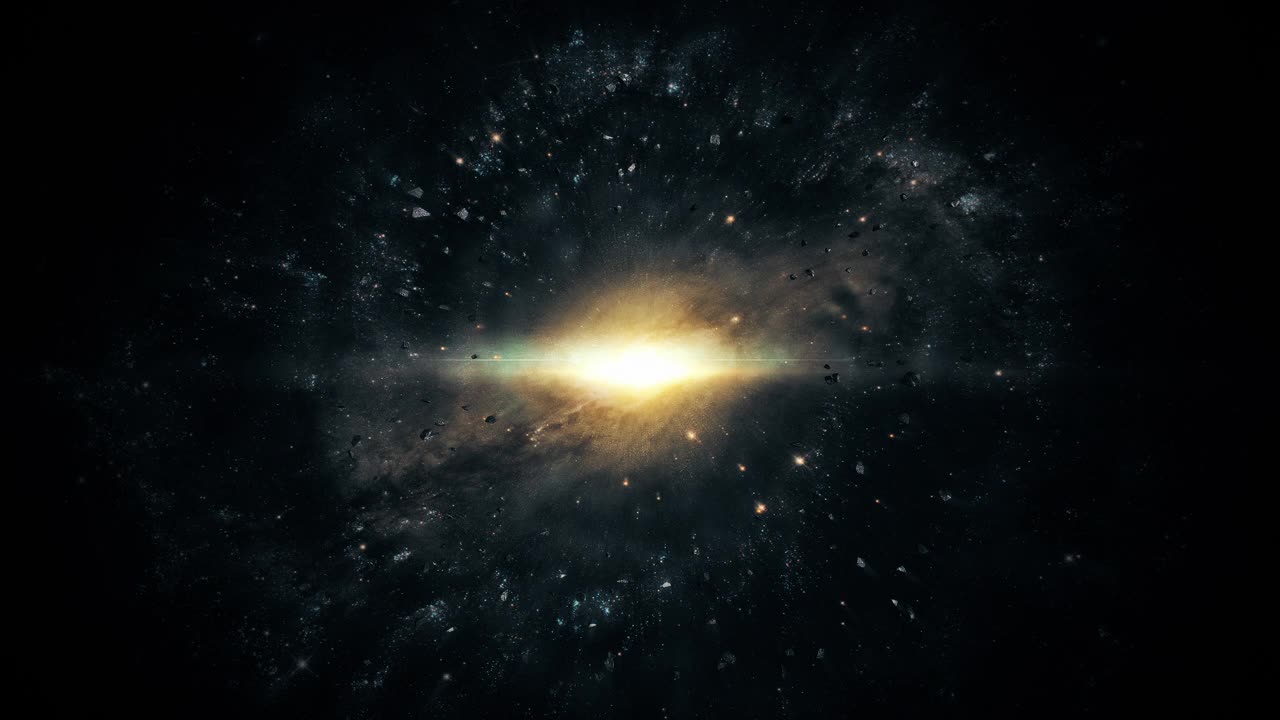 星系的中心。星光闪耀的电影概念艺术。现实的星云在空间与大质量恒星在宇宙的中心。宇宙中有恒星，小行星，星际尘埃云，暗物质。视频素材