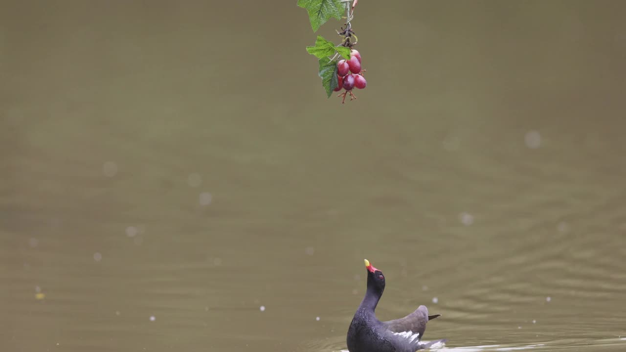 黑色水鸟抓着水果:葡萄视频下载