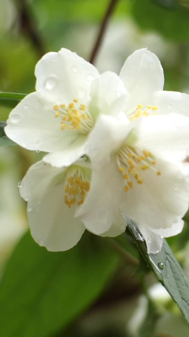春天微风中，白色的茉莉花在灌木上摇曳。视频素材