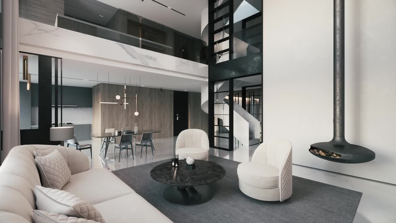 设计一个带壁炉的现代客厅。视频素材