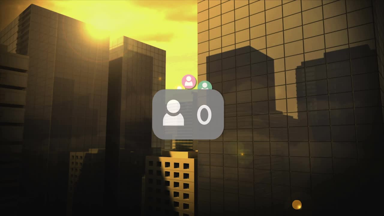 城市景观上的社交媒体图标和数字的动画视频素材