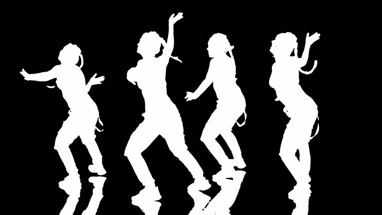 四名女舞者一起表演。黑色背景上的白色剪影视频下载