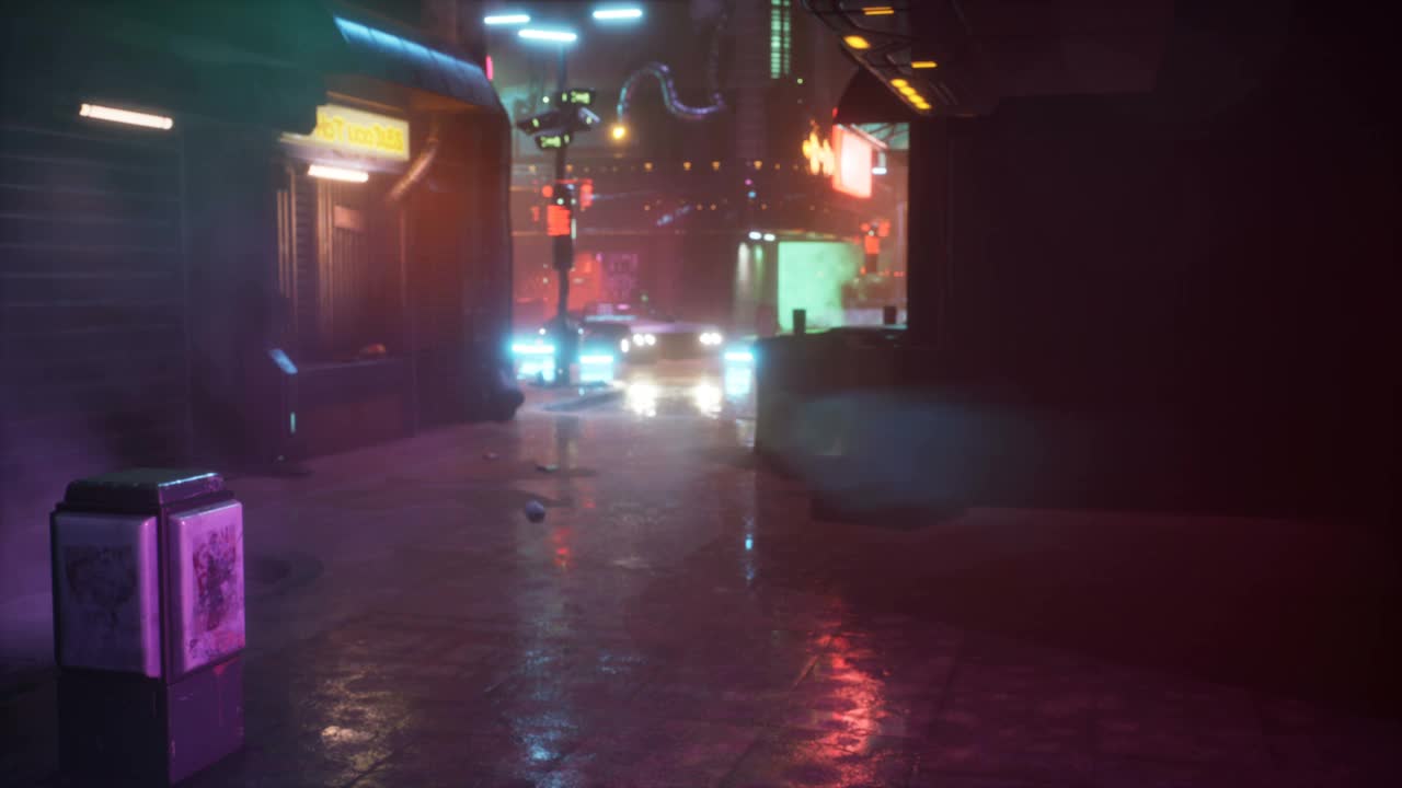 这是未来霓虹灯城市的一条雨夜街道。穿越未来之城。这部动画非常适合未来派、小说、网络和科幻背景。视频素材